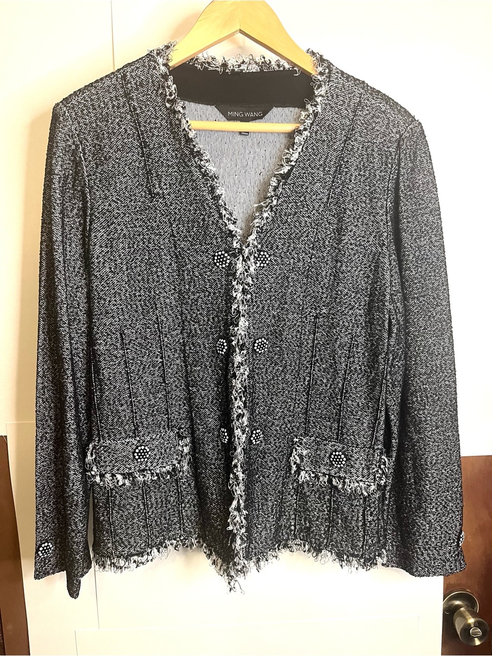 Ming Wang Women’s Size XL Black & White Tweed Fringe-Trim Cardigan Jacket